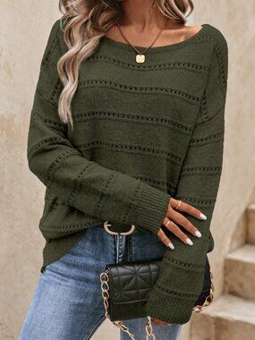 Army Green Casual Women's Hollow Out Rib-Knit Boat Neck Sweater
